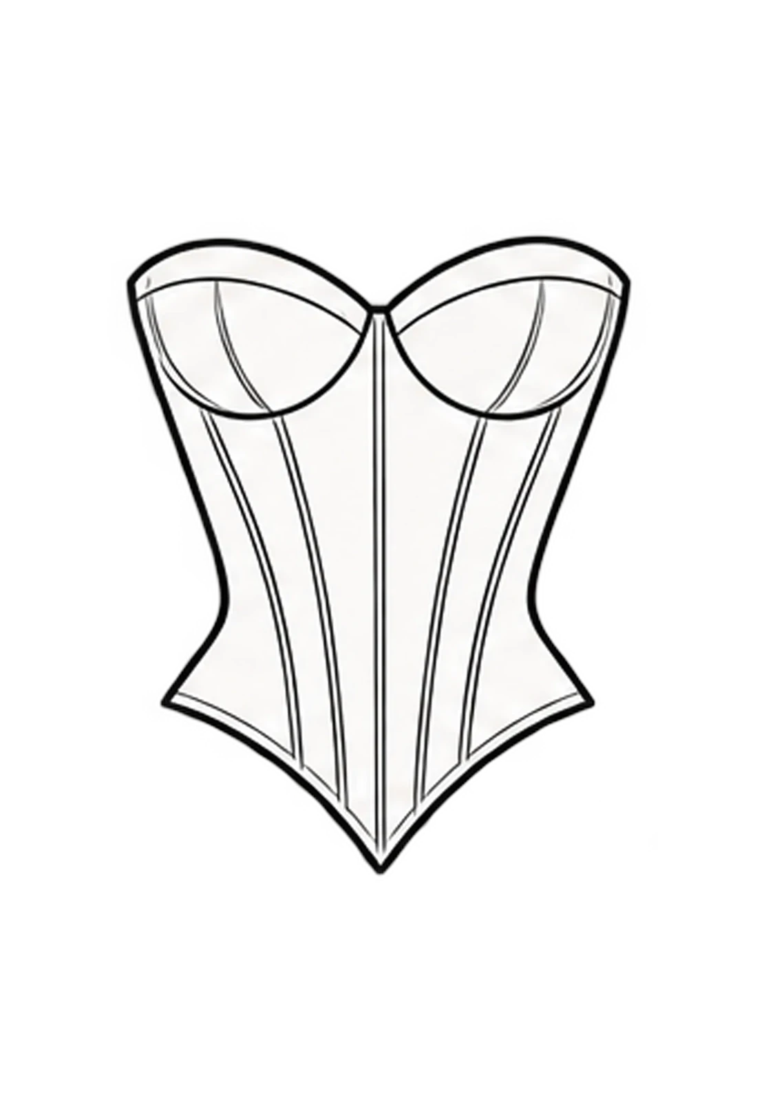 Black-and-white illustration of a structured strapless bridal corset with visible boning.