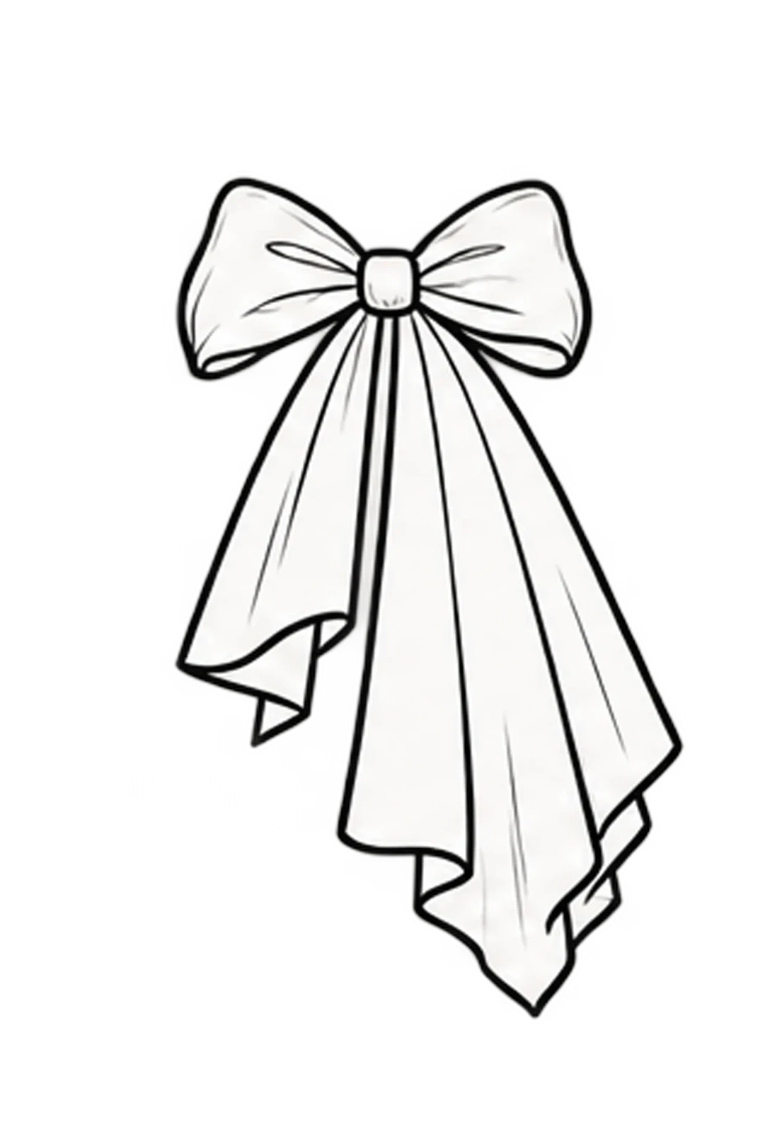 Black-and-white illustration of an oversized bridal bow with long, flowing ribbon tails.