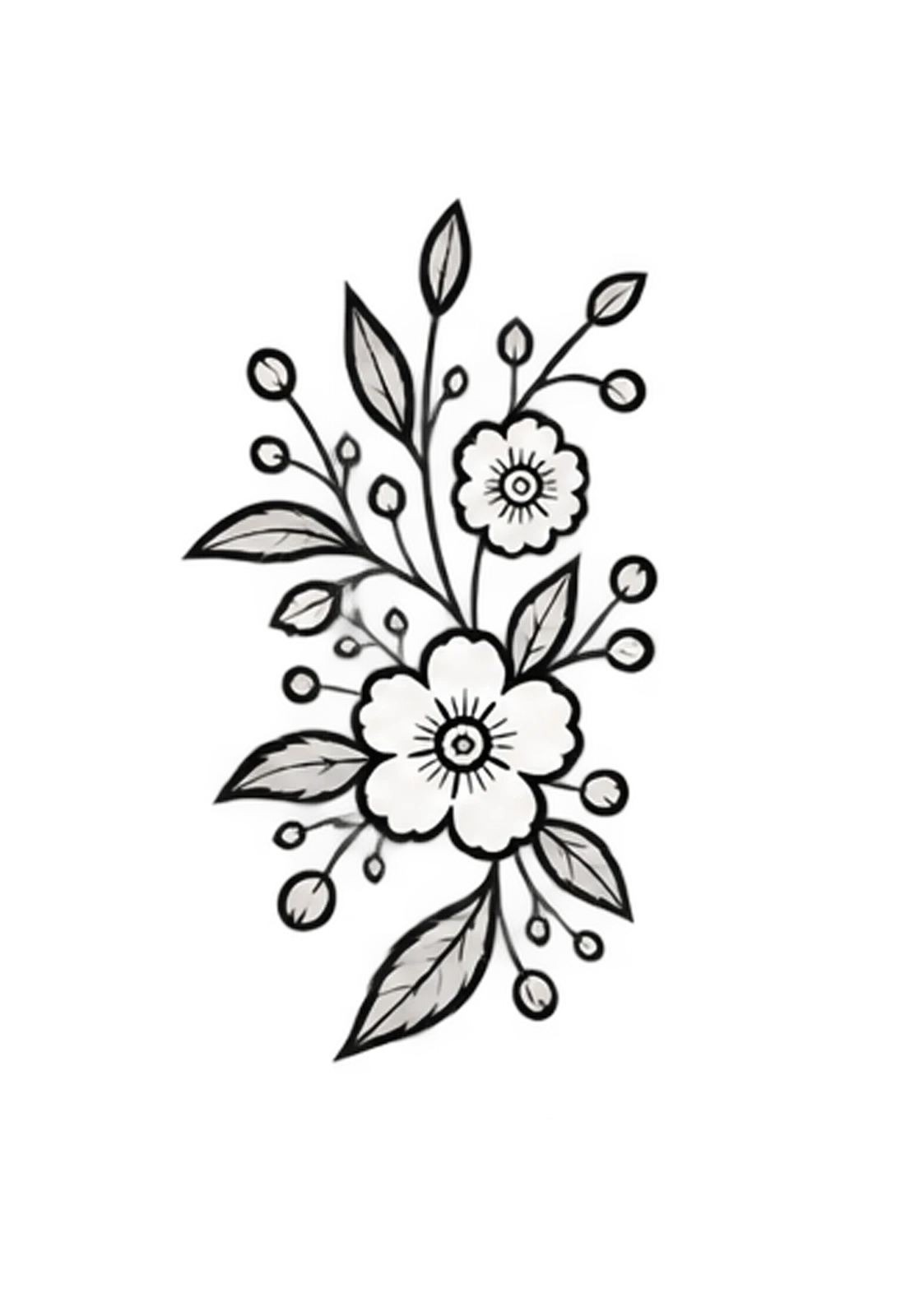Black-and-white illustration of delicate floral embroidery with blooming flowers and leaves.