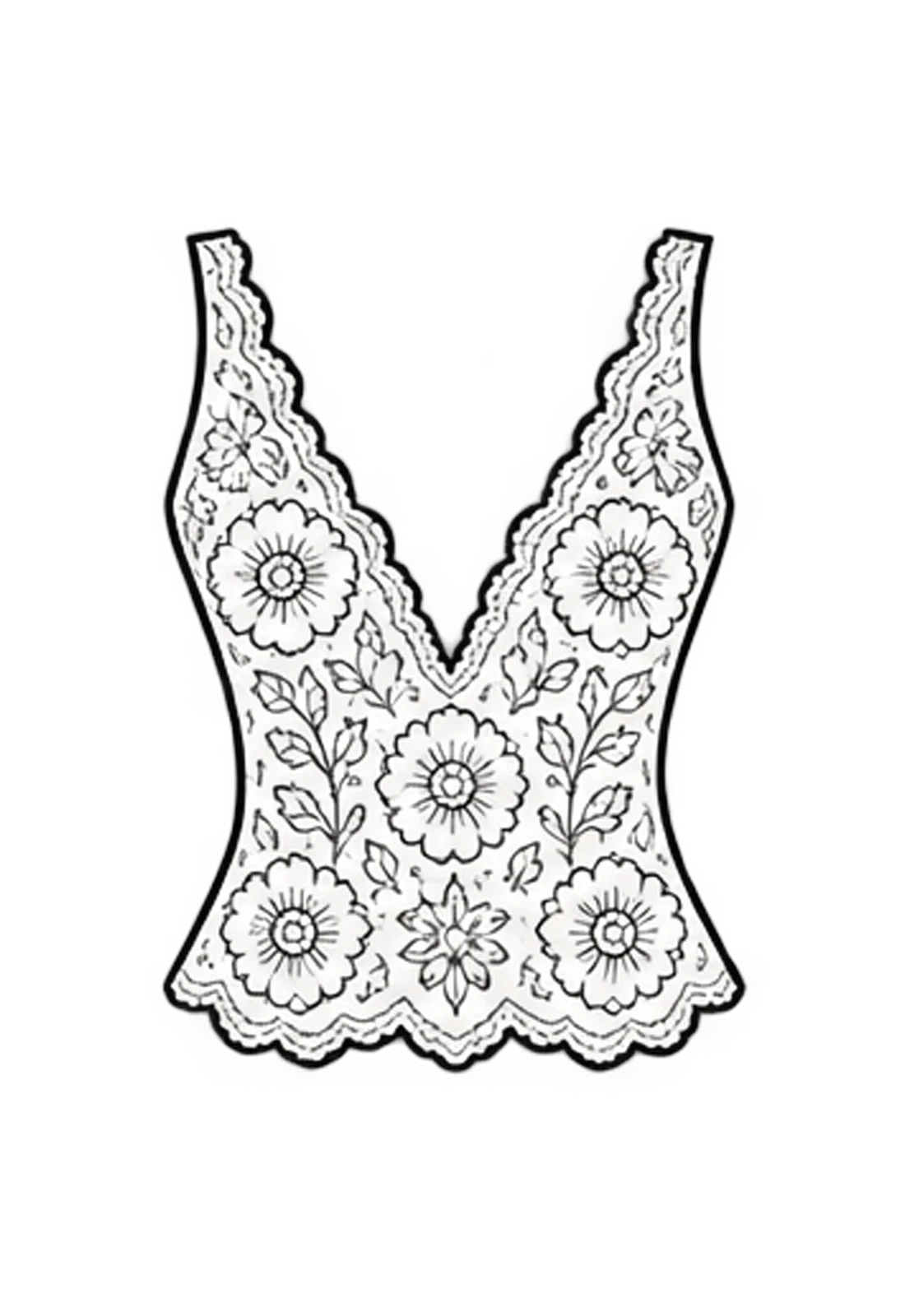 lack-and-white illustration of a floral lace bridal bodice with a deep V-neckline.
