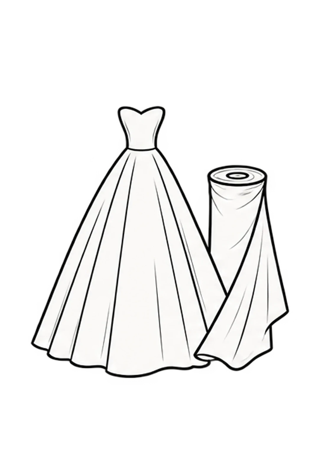 Black-and-white illustration of a strapless ball gown beside a roll of flowing bridal fabric.