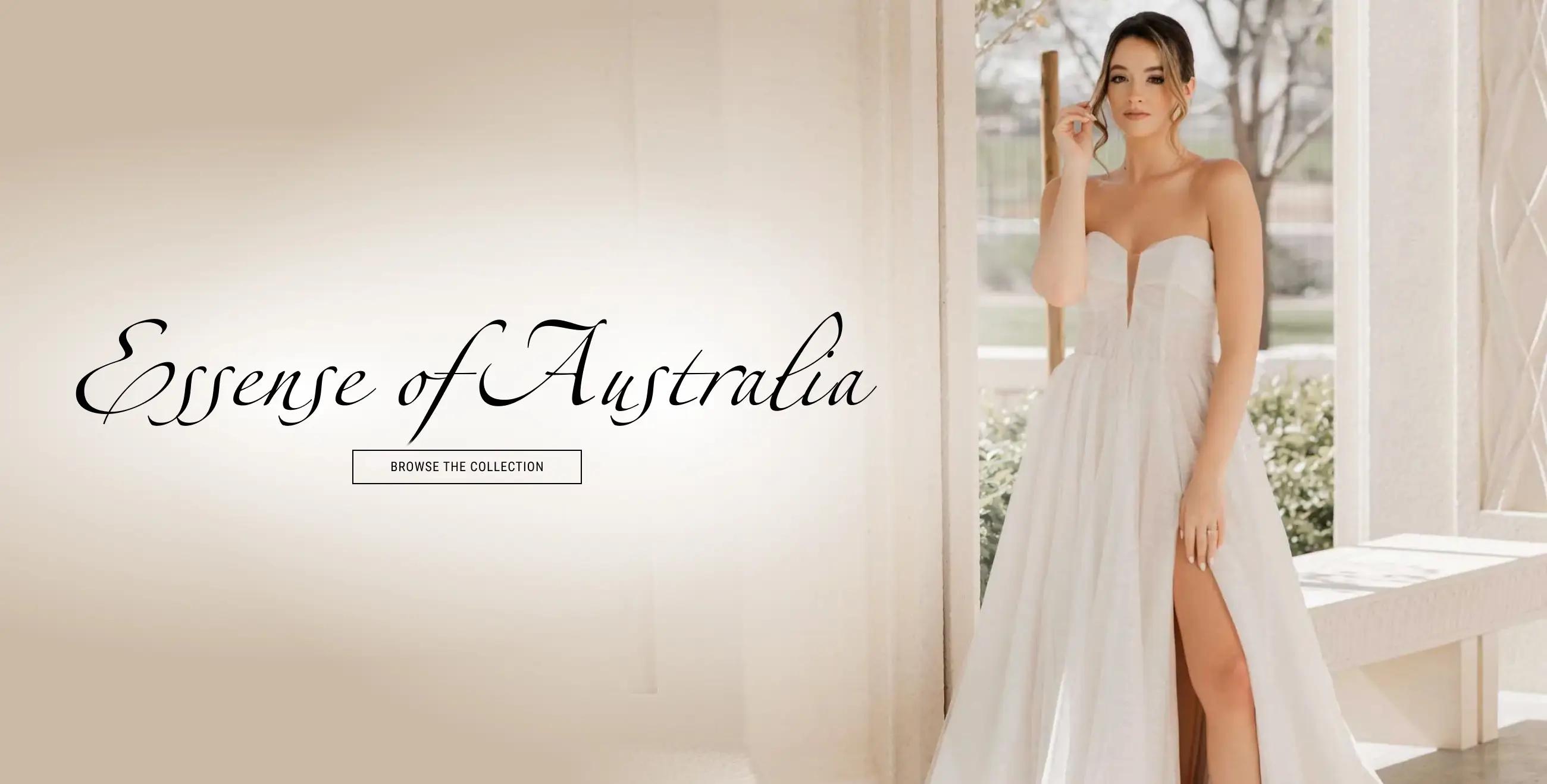 A girl wearing a Essense of Australia bridal gown