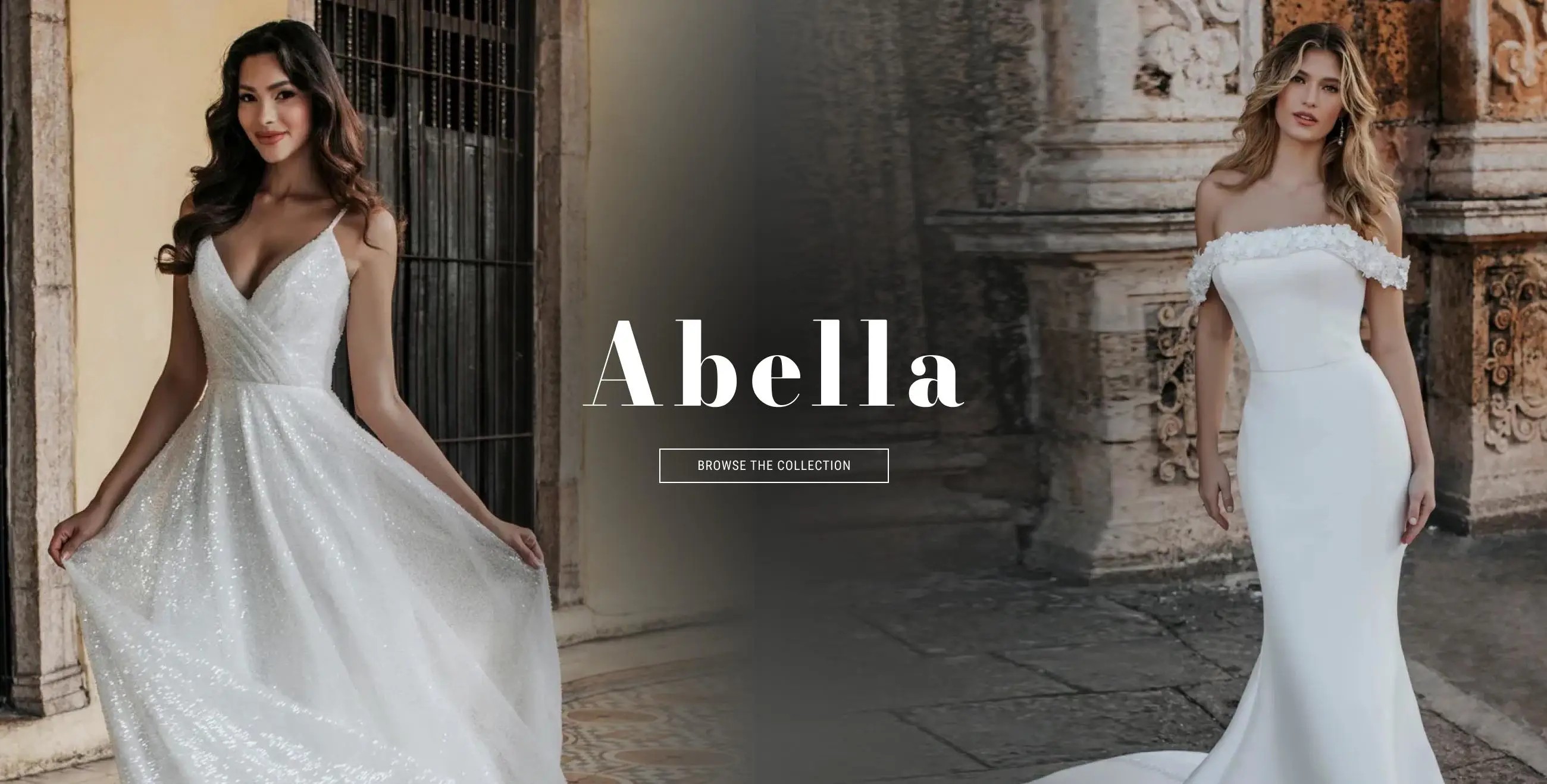Two girls wearing Abella bridal gowns