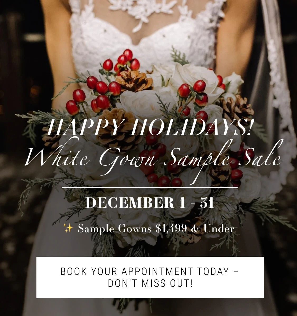 Happy Holidays! White Gown Sample Sale Mpbile Banner